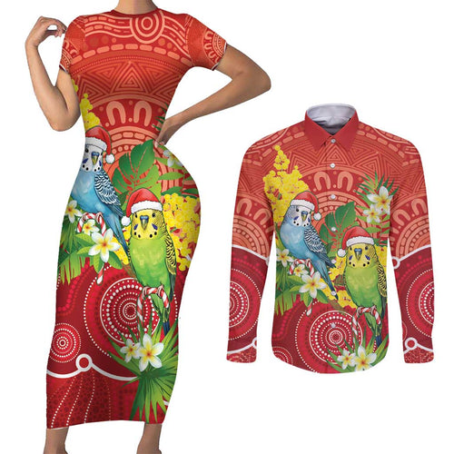 Budgerigar Australia Christmas Couples Matching Short Sleeve Bodycon Dress and Long Sleeve Button Shirt Budgies Golden Wattle Aboriginal Red - Aussie Hoodie