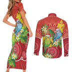 Budgerigar Australia Christmas Couples Matching Short Sleeve Bodycon Dress and Long Sleeve Button Shirt Budgies Golden Wattle Aboriginal Red - Aussie Hoodie
