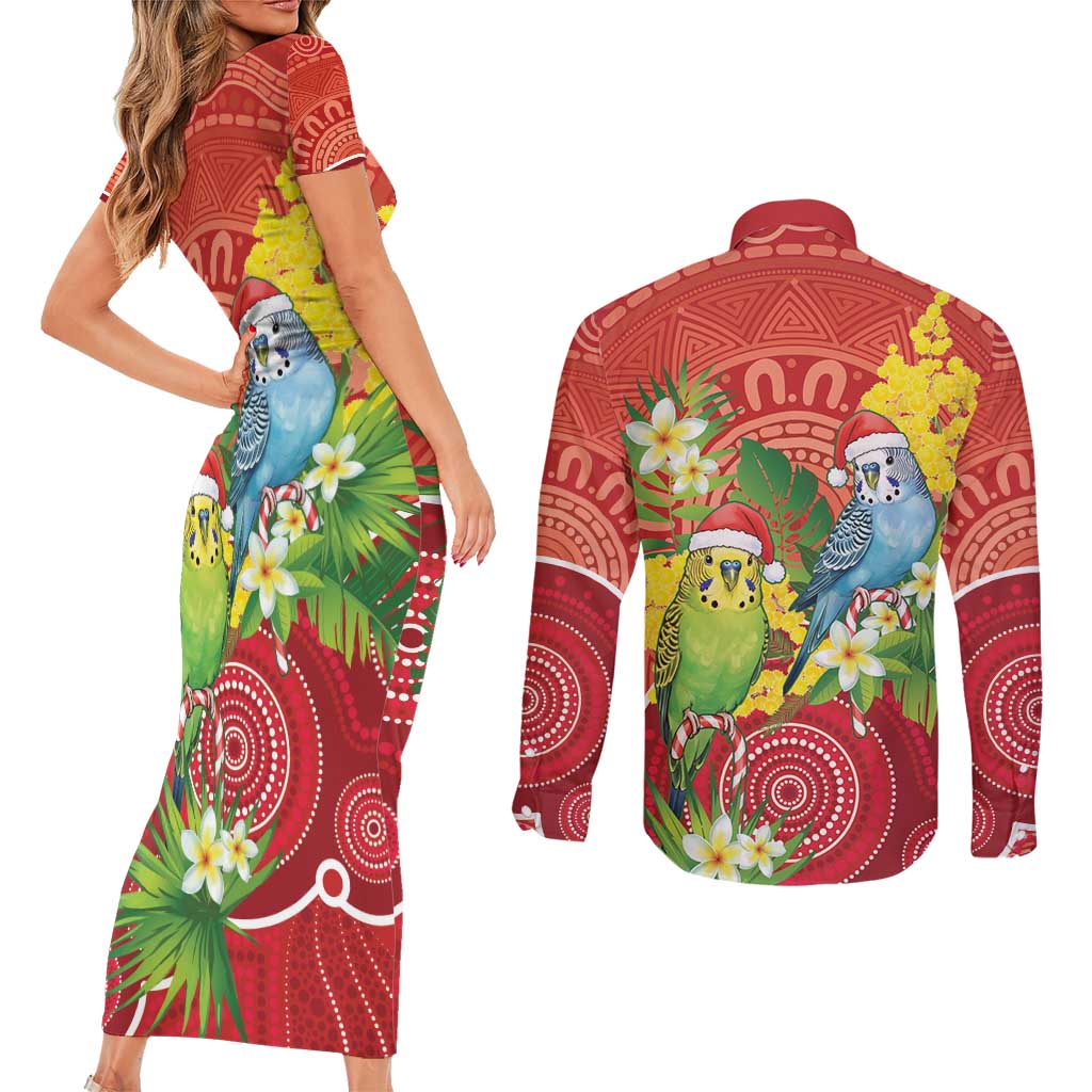 Budgerigar Australia Christmas Couples Matching Short Sleeve Bodycon Dress and Long Sleeve Button Shirt Budgies Golden Wattle Aboriginal Red - Aussie Hoodie