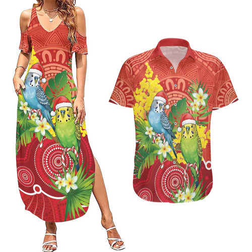 Budgerigar Australia Christmas Couples Matching Summer Maxi Dress and Hawaiian Shirt Budgies Golden Wattle Aboriginal Red - Aussie Hoodie