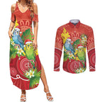 Budgerigar Australia Christmas Couples Matching Summer Maxi Dress and Long Sleeve Button Shirt Budgies Golden Wattle Aboriginal Red - Aussie Hoodie