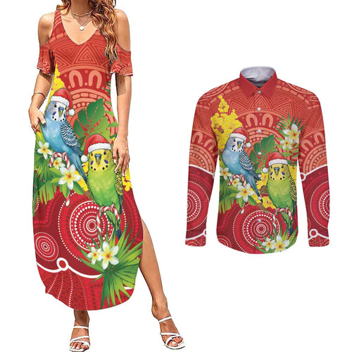 Budgerigar Australia Christmas Couples Matching Summer Maxi Dress and Long Sleeve Button Shirt Budgies Golden Wattle Aboriginal Red - Aussie Hoodie