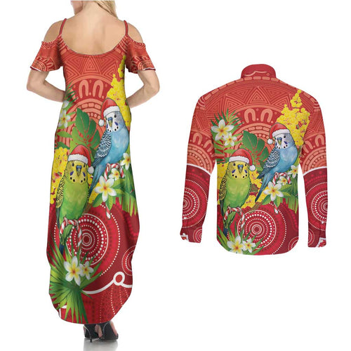 Budgerigar Australia Christmas Couples Matching Summer Maxi Dress and Long Sleeve Button Shirt Budgies Golden Wattle Aboriginal Red - Aussie Hoodie