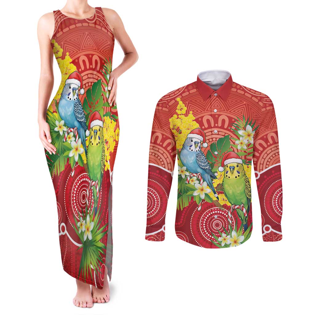 Budgerigar Australia Christmas Couples Matching Tank Maxi Dress and Long Sleeve Button Shirt Budgies Golden Wattle Aboriginal Red - Aussie Hoodie