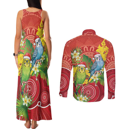 Budgerigar Australia Christmas Couples Matching Tank Maxi Dress and Long Sleeve Button Shirt Budgies Golden Wattle Aboriginal Red - Aussie Hoodie