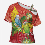 Budgerigar Australia Christmas Cross Shoulder Shirt Budgies Golden Wattle Aboriginal Red - Aussie Hoodie