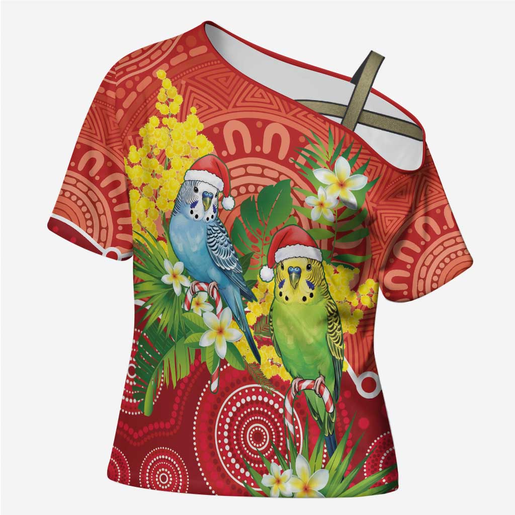 Budgerigar Australia Christmas Cross Shoulder Shirt Budgies Golden Wattle Aboriginal Red - Aussie Hoodie