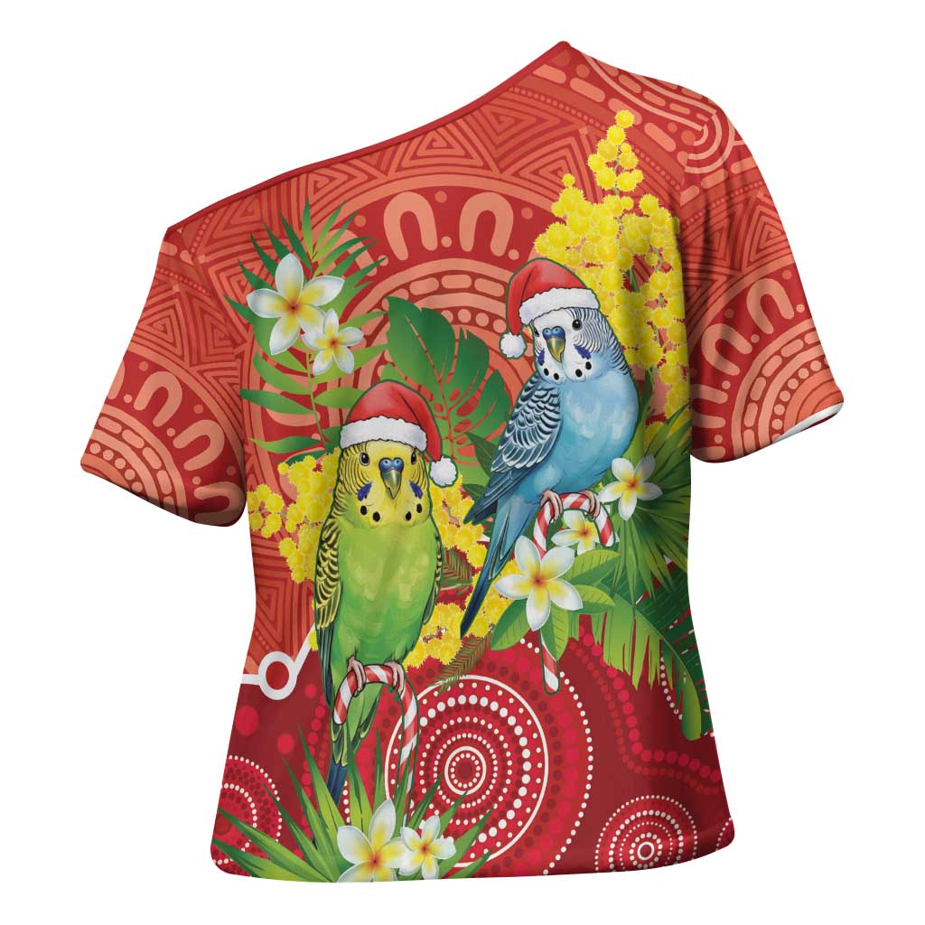 Budgerigar Australia Christmas Cross Shoulder Shirt Budgies Golden Wattle Aboriginal Red - Aussie Hoodie