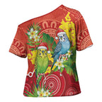 Budgerigar Australia Christmas Cross Shoulder Shirt Budgies Golden Wattle Aboriginal Red - Aussie Hoodie