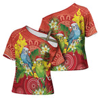 Budgerigar Australia Christmas Cross Shoulder Shirt Budgies Golden Wattle Aboriginal Red - Aussie Hoodie