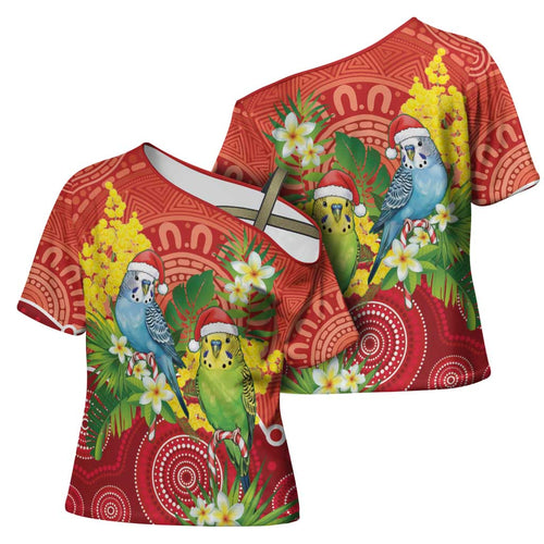 Budgerigar Australia Christmas Cross Shoulder Shirt Budgies Golden Wattle Aboriginal Red - Aussie Hoodie