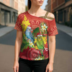 Budgerigar Australia Christmas Cross Shoulder Shirt Budgies Golden Wattle Aboriginal Red - Aussie Hoodie