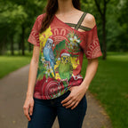Budgerigar Australia Christmas Cross Shoulder Shirt Budgies Golden Wattle Aboriginal Red - Aussie Hoodie