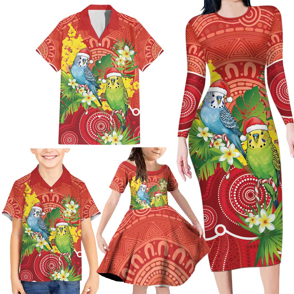 Budgerigar Australia Christmas Family Matching Long Sleeve Bodycon Dress and Hawaiian Shirt Budgies Golden Wattle Aboriginal Red - Aussie Hoodie