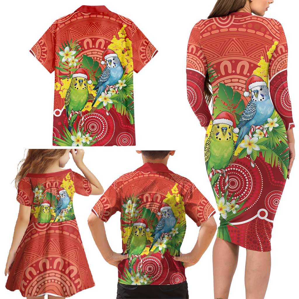 Budgerigar Australia Christmas Family Matching Long Sleeve Bodycon Dress and Hawaiian Shirt Budgies Golden Wattle Aboriginal Red - Aussie Hoodie