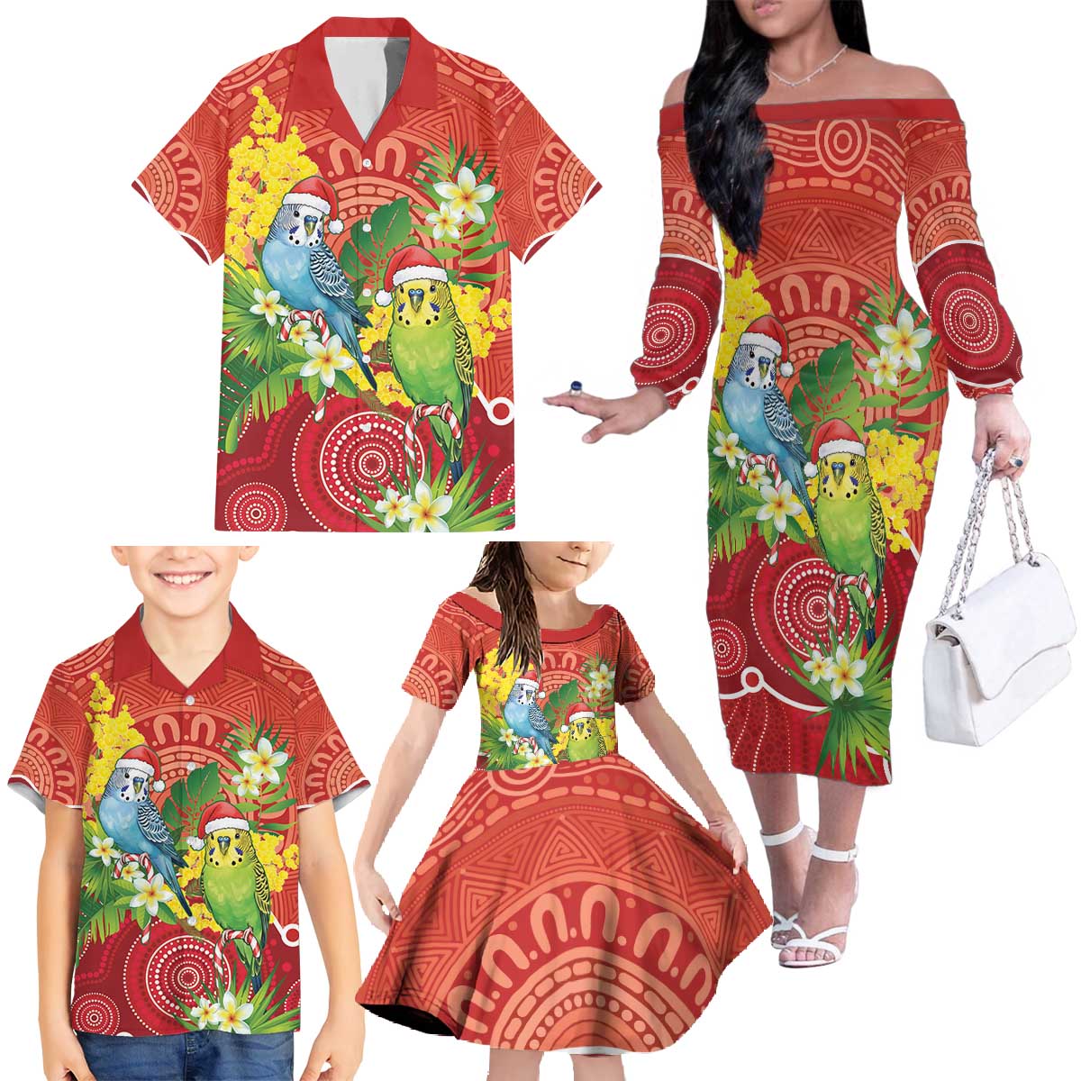 Budgerigar Australia Christmas Family Matching Off The Shoulder Long Sleeve Dress and Hawaiian Shirt Budgies Golden Wattle Aboriginal Red - Aussie Hoodie