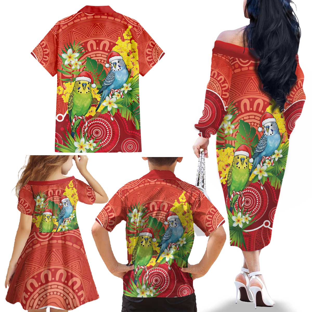 Budgerigar Australia Christmas Family Matching Off The Shoulder Long Sleeve Dress and Hawaiian Shirt Budgies Golden Wattle Aboriginal Red - Aussie Hoodie