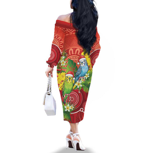 Budgerigar Australia Christmas Family Matching Off The Shoulder Long Sleeve Dress and Hawaiian Shirt Budgies Golden Wattle Aboriginal Red - Aussie Hoodie