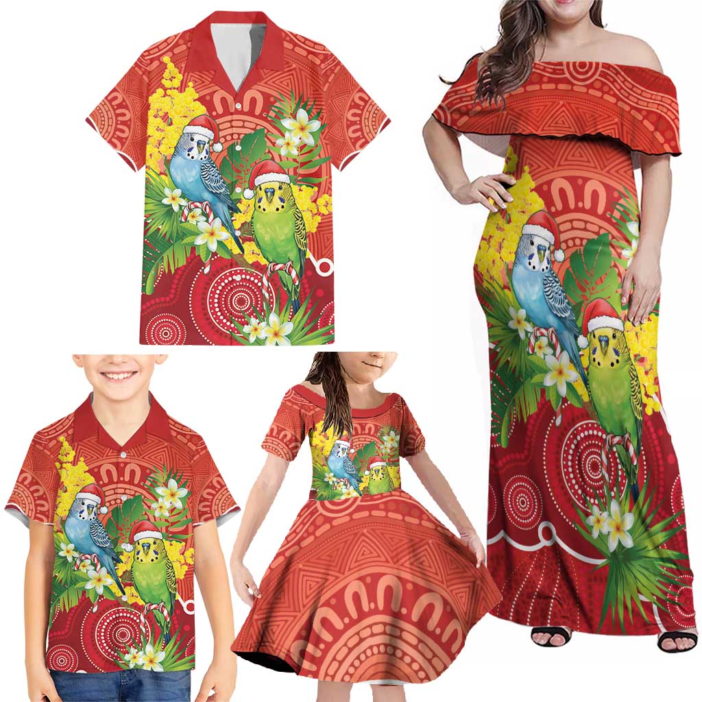 Budgerigar Australia Christmas Family Matching Off Shoulder Maxi Dress and Hawaiian Shirt Budgies Golden Wattle Aboriginal Red - Aussie Hoodie