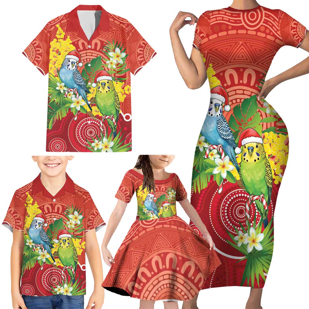 Budgerigar Australia Christmas Family Matching Short Sleeve Bodycon Dress and Hawaiian Shirt Budgies Golden Wattle Aboriginal Red - Aussie Hoodie