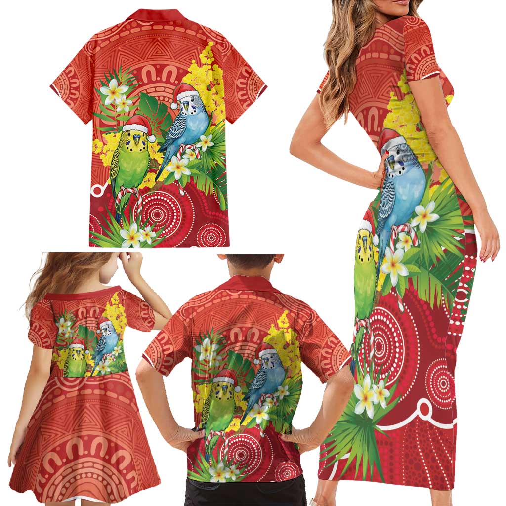 Budgerigar Australia Christmas Family Matching Short Sleeve Bodycon Dress and Hawaiian Shirt Budgies Golden Wattle Aboriginal Red - Aussie Hoodie