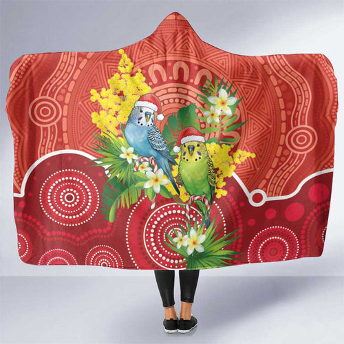 Budgerigar Australia Christmas Hooded Blanket Budgies Golden Wattle Aboriginal Red - Aussie Hoodie