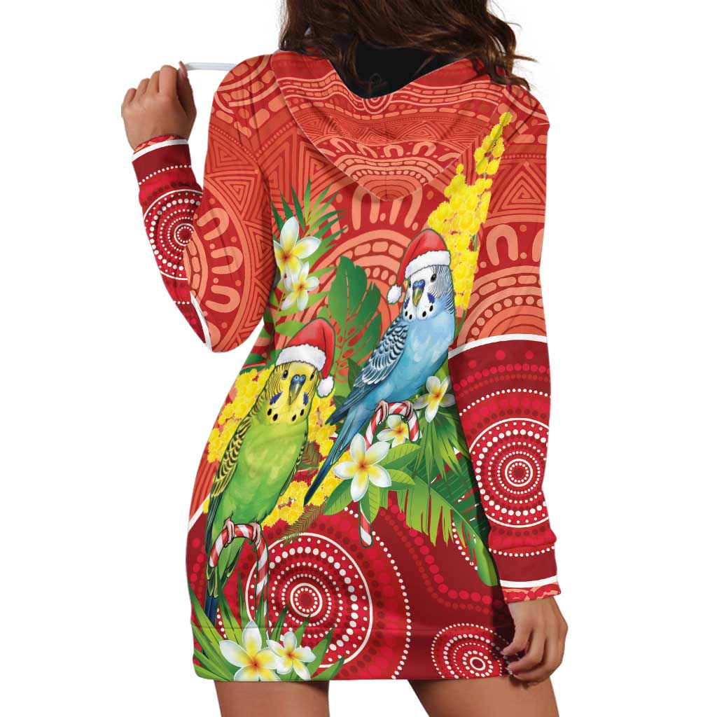 Budgerigar Australia Christmas Hoodie Dress Budgies Golden Wattle Aboriginal Red - Aussie Hoodie