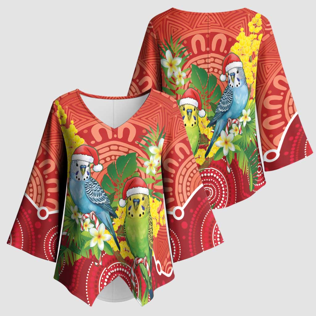Budgerigar Australia Christmas Kimono Sleeve Blouse Budgies Golden Wattle Aboriginal Red - Aussie Hoodie