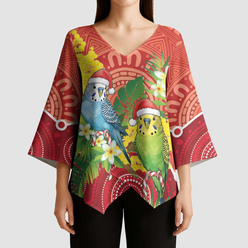 Budgerigar Australia Christmas Kimono Sleeve Blouse Budgies Golden Wattle Aboriginal Red - Aussie Hoodie