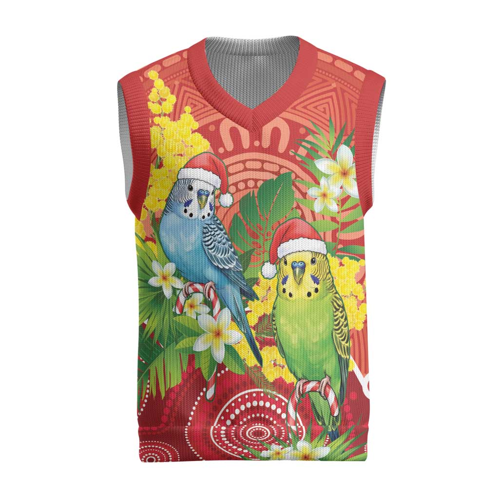 Budgerigar Australia Christmas Knitted V-Neck Vest Budgies Golden Wattle Aboriginal Red - Aussie Hoodie
