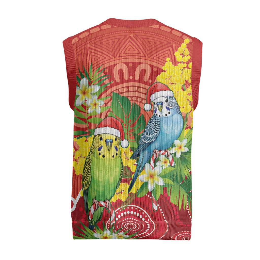 Budgerigar Australia Christmas Knitted V-Neck Vest Budgies Golden Wattle Aboriginal Red - Aussie Hoodie