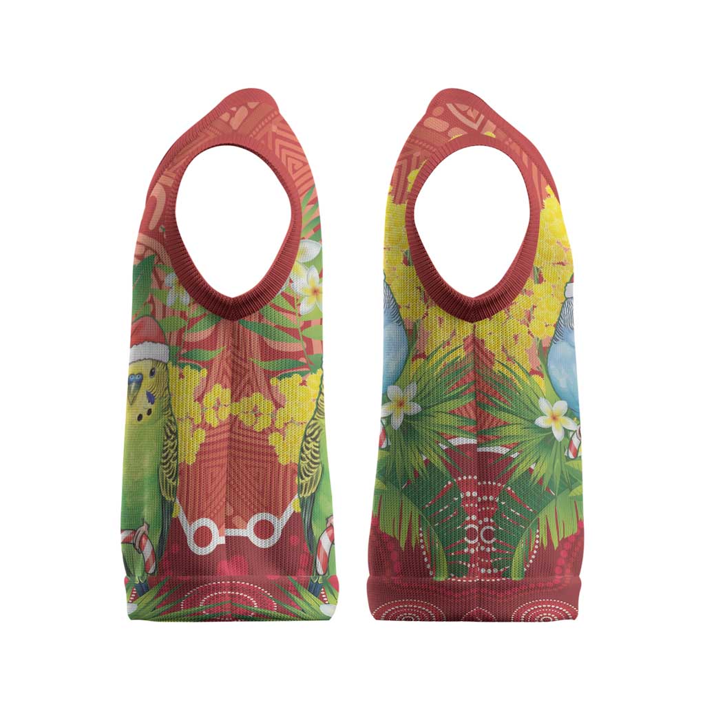 Budgerigar Australia Christmas Knitted V-Neck Vest Budgies Golden Wattle Aboriginal Red - Aussie Hoodie