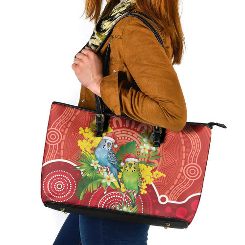 Budgerigar Australia Christmas Leather Tote Bag Budgies Golden Wattle Aboriginal Red - Aussie Hoodie