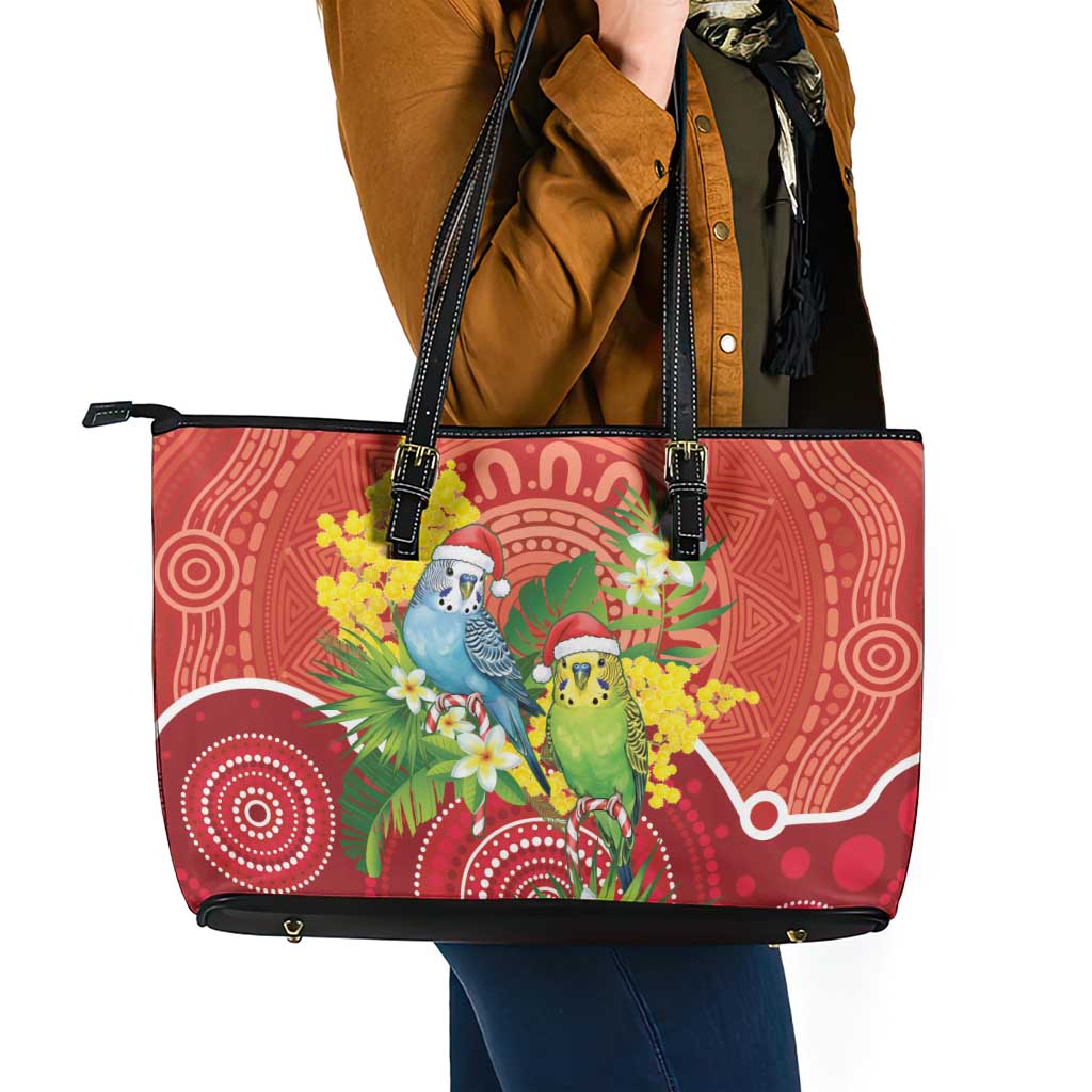 Budgerigar Australia Christmas Leather Tote Bag Budgies Golden Wattle Aboriginal Red - Aussie Hoodie