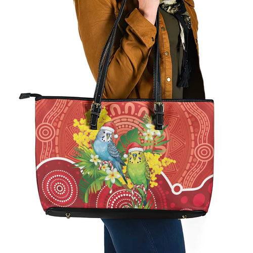 Budgerigar Australia Christmas Leather Tote Bag Budgies Golden Wattle Aboriginal Red - Aussie Hoodie