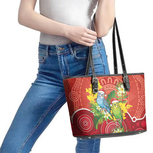 Budgerigar Australia Christmas Leather Tote Bag Budgies Golden Wattle Aboriginal Red - Aussie Hoodie