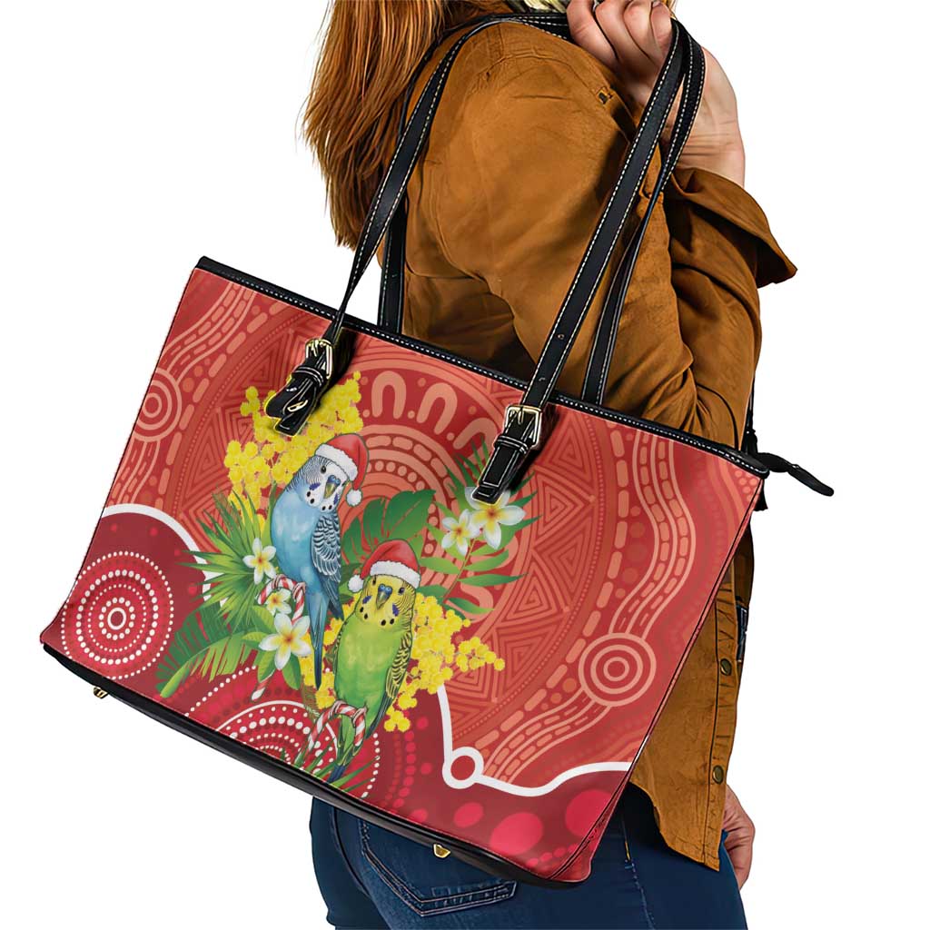 Budgerigar Australia Christmas Leather Tote Bag Budgies Golden Wattle Aboriginal Red - Aussie Hoodie