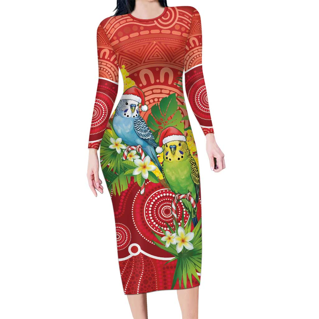 Budgerigar Australia Christmas Long Sleeve Bodycon Dress Budgies Golden Wattle Aboriginal Red - Aussie Hoodie