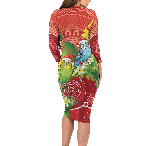 Budgerigar Australia Christmas Long Sleeve Bodycon Dress Budgies Golden Wattle Aboriginal Red - Aussie Hoodie