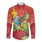 Budgerigar Australia Christmas Long Sleeve Button Shirt Budgies Golden Wattle Aboriginal Red - Aussie Hoodie