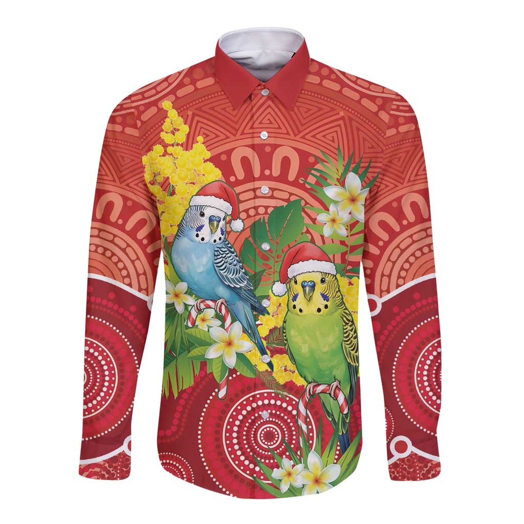 Budgerigar Australia Christmas Long Sleeve Button Shirt Budgies Golden Wattle Aboriginal Red - Aussie Hoodie