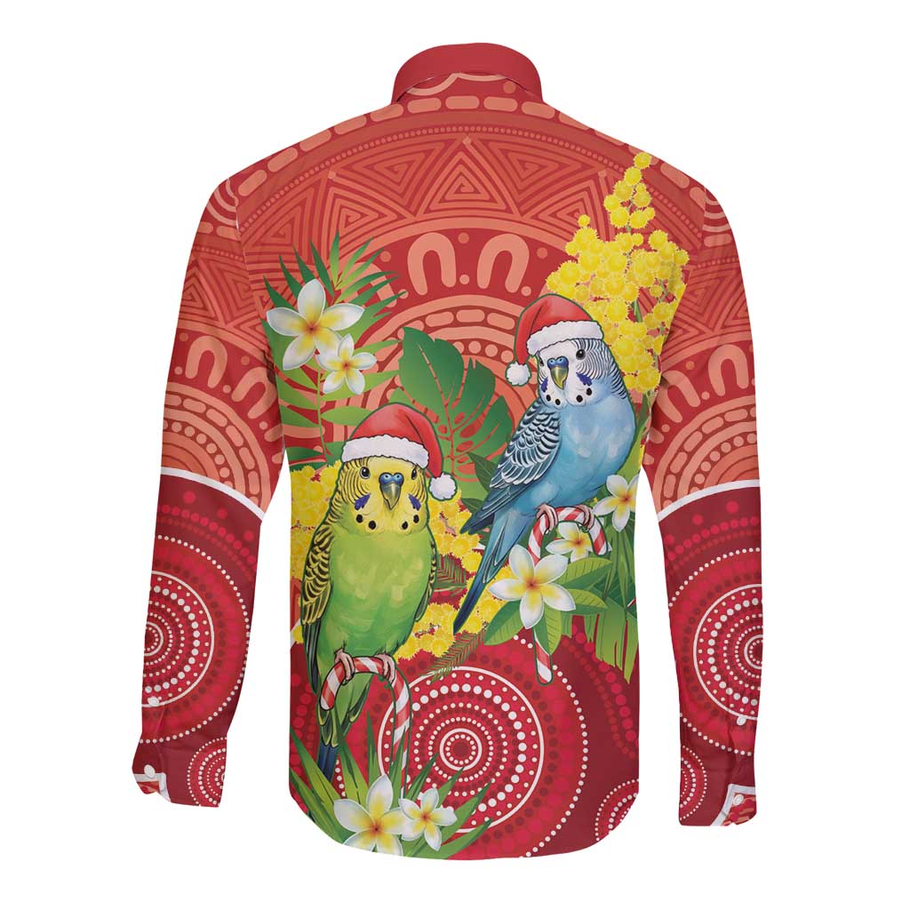 Budgerigar Australia Christmas Long Sleeve Button Shirt Budgies Golden Wattle Aboriginal Red - Aussie Hoodie