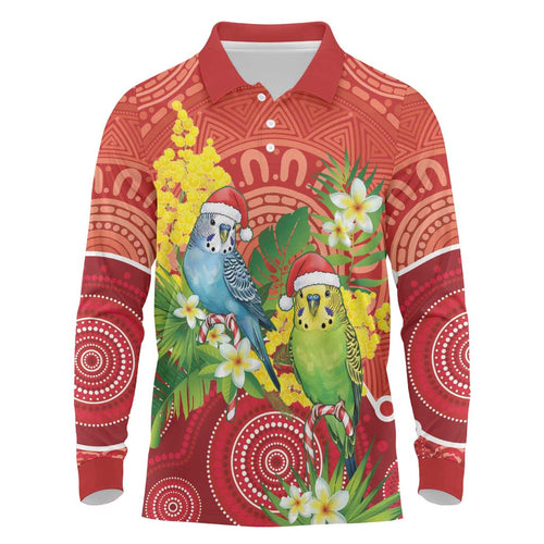 Budgerigar Australia Christmas Long Sleeve Polo Shirt Budgies Golden Wattle Aboriginal Red - Aussie Hoodie