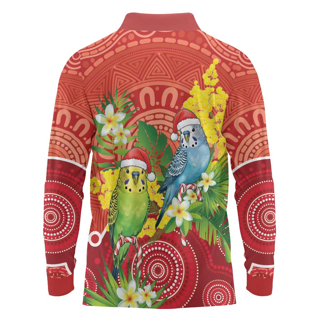 Budgerigar Australia Christmas Long Sleeve Polo Shirt Budgies Golden Wattle Aboriginal Red - Aussie Hoodie