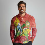 Budgerigar Australia Christmas Long Sleeve Polo Shirt Budgies Golden Wattle Aboriginal Red - Aussie Hoodie
