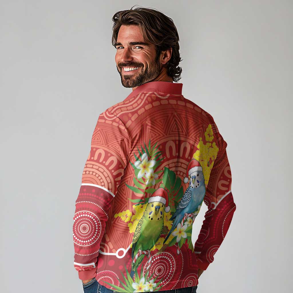Budgerigar Australia Christmas Long Sleeve Polo Shirt Budgies Golden Wattle Aboriginal Red - Aussie Hoodie