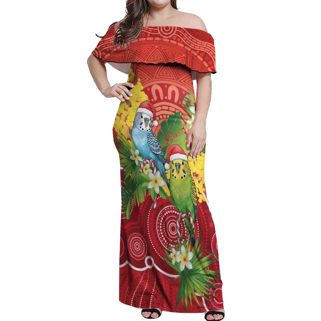 Budgerigar Australia Christmas Off Shoulder Maxi Dress Budgies Golden Wattle Aboriginal Red - Aussie Hoodie