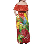 Budgerigar Australia Christmas Off Shoulder Maxi Dress Budgies Golden Wattle Aboriginal Red - Aussie Hoodie