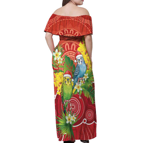 Budgerigar Australia Christmas Off Shoulder Maxi Dress Budgies Golden Wattle Aboriginal Red - Aussie Hoodie
