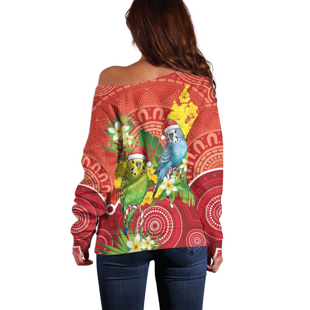 Budgerigar Australia Christmas Off Shoulder Sweater Budgies Golden Wattle Aboriginal Red - Aussie Hoodie